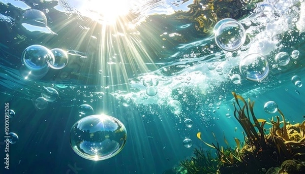 Obraz Underwater scene with sunlight filtering through, bubbles rising