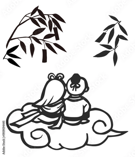 Obraz 七夕の笹と短冊、織姫と彦星の切り絵のベクターイラスト