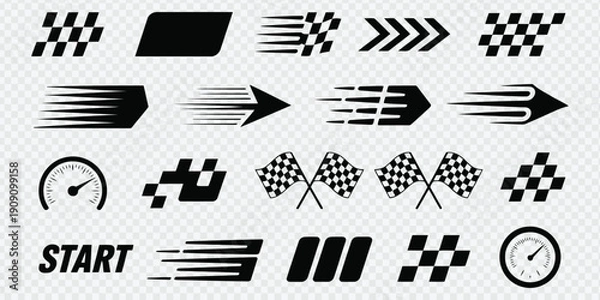 Obraz Racing icons: checkered flags, speed arrows, speedometer, start text