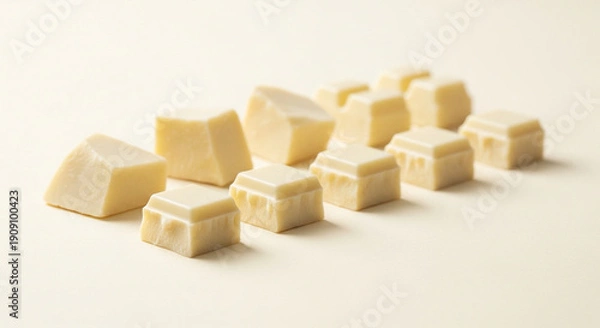 Obraz 白背景に並んだホワイトチョコレートの塊（お菓子作り・素材・バレンタイン）