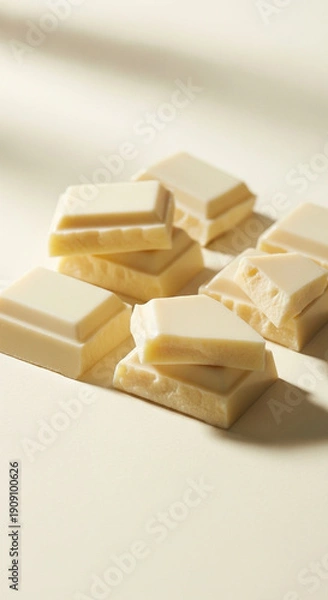 Obraz 白背景に並んだホワイトチョコレートの塊（お菓子作り・素材・バレンタイン）