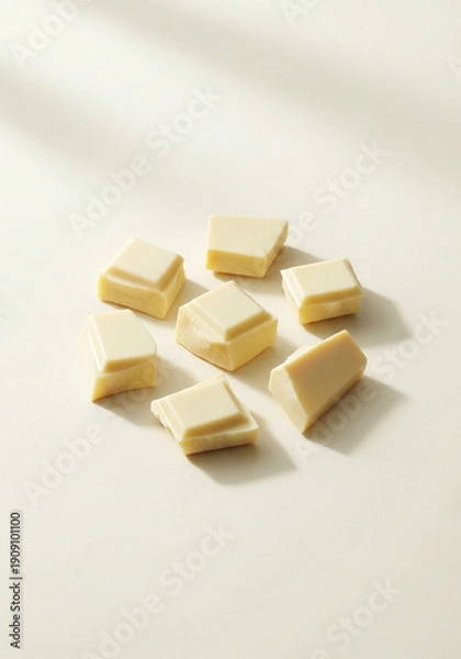 Obraz 白背景に並んだホワイトチョコレートの塊（お菓子作り・素材・バレンタイン）