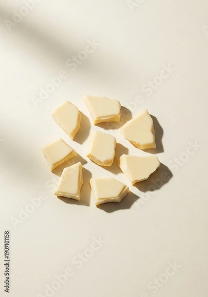 Obraz 白背景に並んだホワイトチョコレートの塊（お菓子作り・素材・バレンタイン）