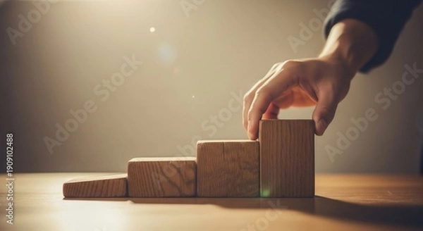 Obraz Hand Building Blocks on Wooden Table.