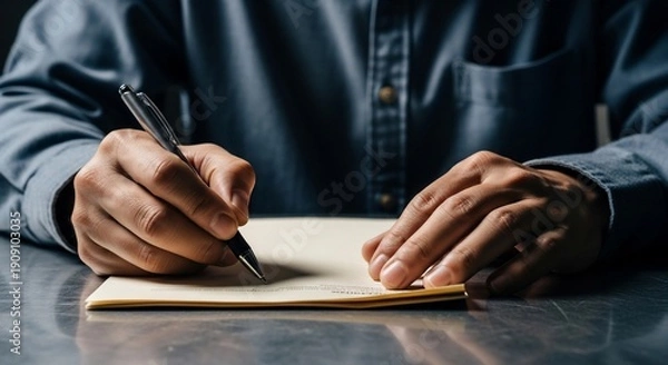 Obraz Man Writing in Notebook with Pen.