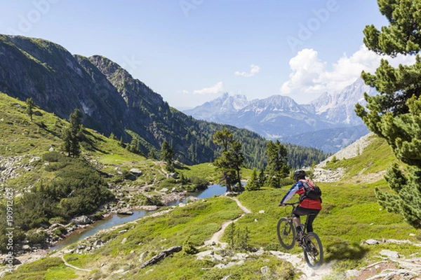 Fototapeta Mountainbiker zjazd na Reiteralm z górskim Dachstein w Styrii w Austrii