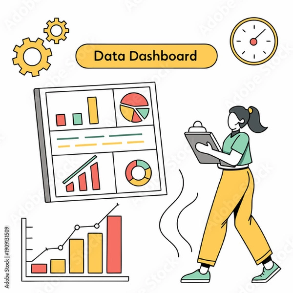 Obraz A woman analyzing data on a dashboard with graphs