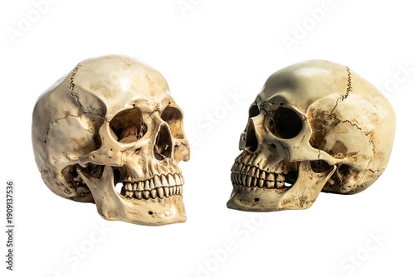 Obraz Two human skulls facing each other on a black background