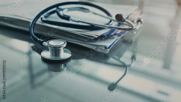 Obraz Medical data and stethoscope on table