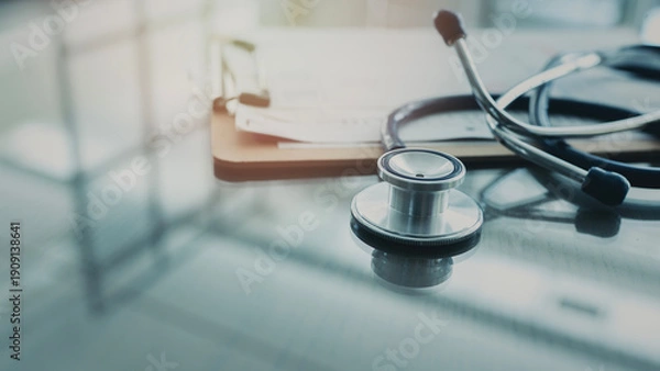 Obraz Medical data and stethoscope on table