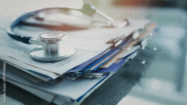 Obraz Medical data and stethoscope on table
