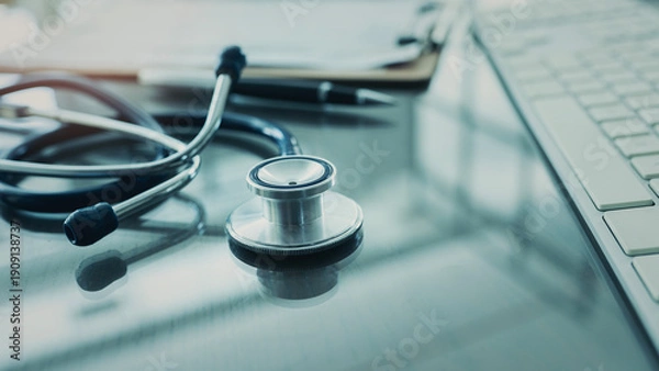 Obraz Doctor table with computer and stethoscope