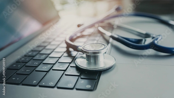 Obraz Doctor table with computer and stethoscope