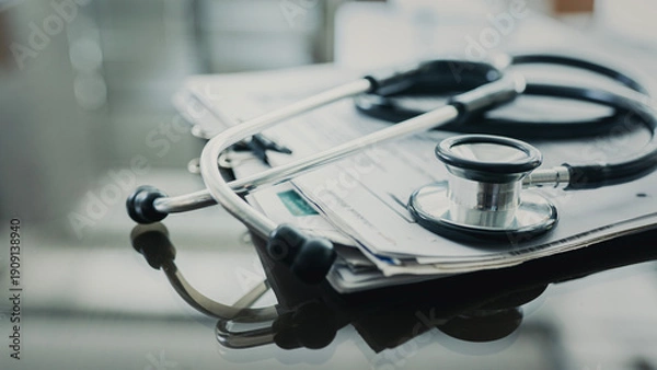 Obraz Medical data and stethoscope on table