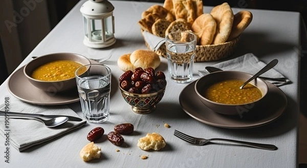 Obraz ramadan iftar meal, dates, soup, bread, water, table setting