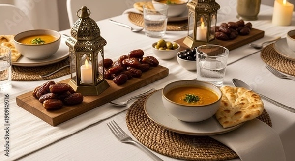 Obraz ramadan iftar table with dates and soup