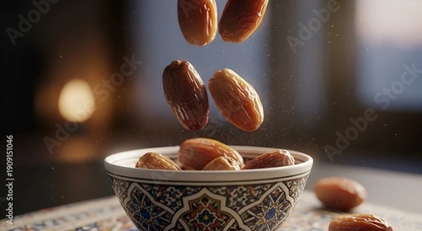 Obraz Dates fruit falling into a bowl, ramadan iftar concept