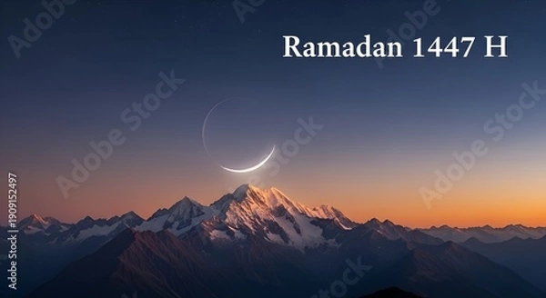 Obraz Ramadan crescent moon over mountain range at sunset