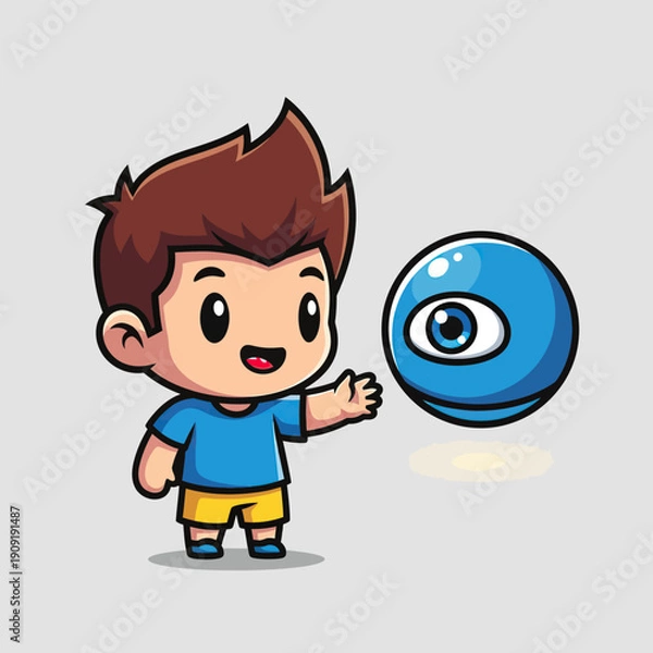 Obraz Curious cartoon boy interacting with floating blue eye