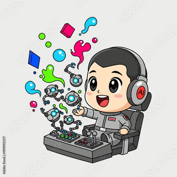 Obraz Cartoon boy controls robots with AI headset on