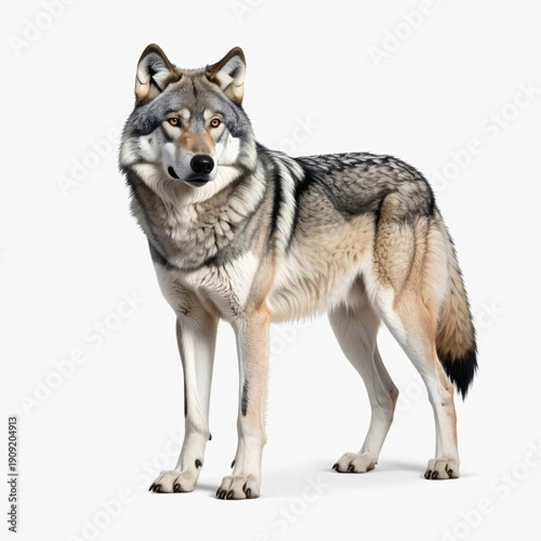 Obraz Gray Wolf Standing and Looking Forward on White Background