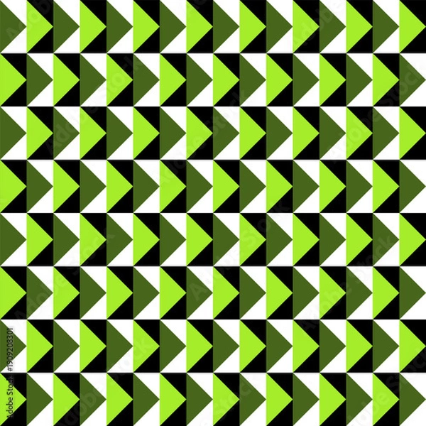 Fototapeta Seamless geometric triangle pattern with optical illusion effect. Green and black angular shapes create dynamic movement and visual vibration. Abstract repeating background.