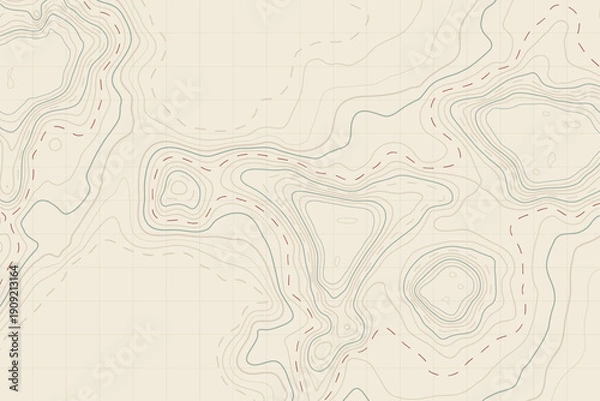 Obraz Light Beige Topographic Map with Red Hiking Trail Path