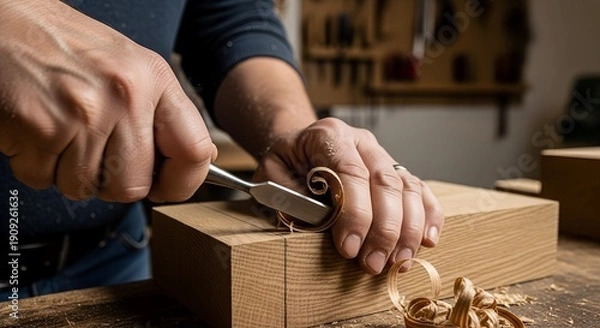 Obraz Craftsman Carving Wood with Chisel