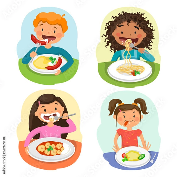 Obraz Beautiful childrens Enjoying Healthy Lunch In Cafeteria