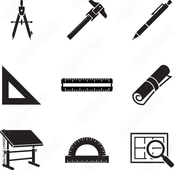 Obraz Professional Architect and Engineering Tools Icon Set for Technical Drawing and Construction Design