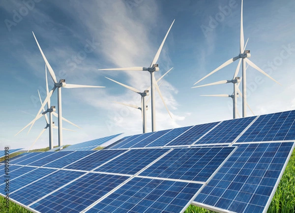 Obraz Solar panel  and wind power station. Ecological energy concept and idea.