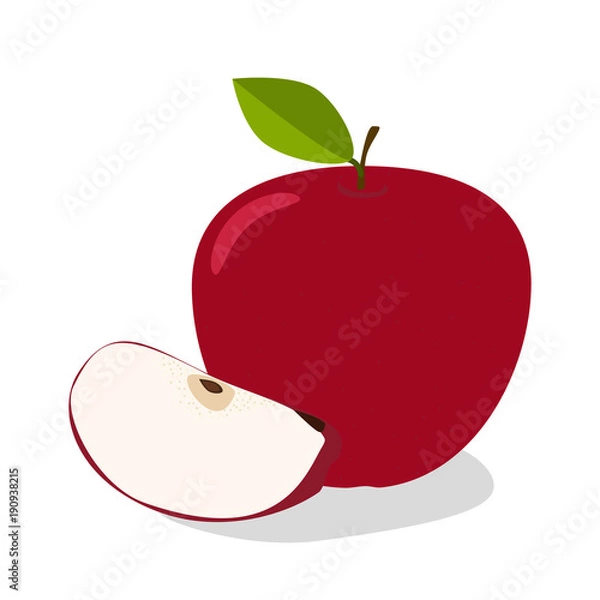Obraz Red Apple with Green Leaves and Apple Slice Vector Illustration.