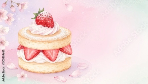 Obraz 春背景に映える水彩イチゴケーキスイーツ素材