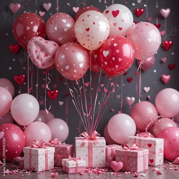 Fototapeta 발렌타인데이 축하를 위한 축제 풍선과 선물