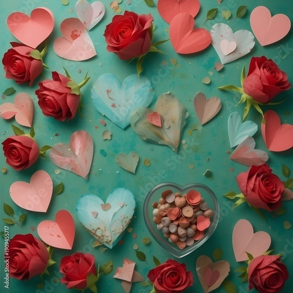 Fototapeta 발렌타인데이를 위한 아름다운 빨간 장미와 종이 하트 배열