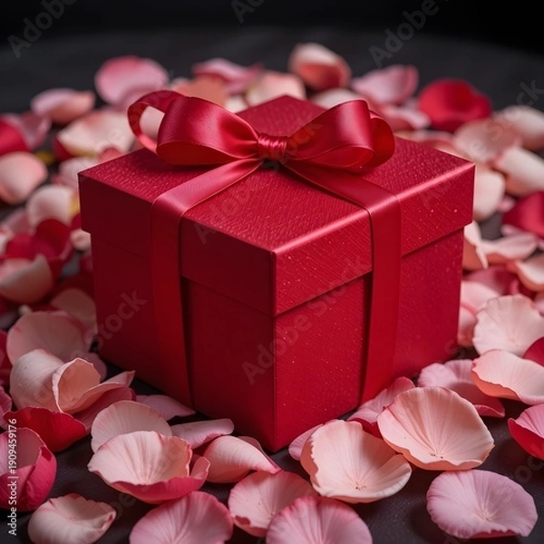 Fototapeta 장미 꽃잎으로 둘러싸인 새틴 리본으로 묶인 아름다운 빨간색 선물 상자