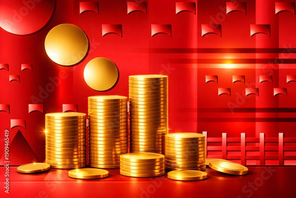 Obraz 赤背景に金貨が輝く抽象的な未来都市イメージ