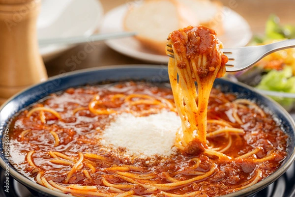 Obraz 粉チーズをのせたミートソースのスープパスタをフォークで持ち上げ