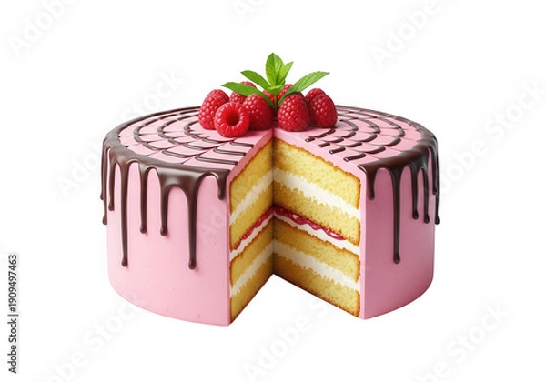 Obraz Delicious raspberry cake with chocolate drips isolated on transparent background