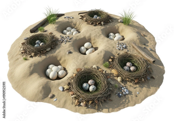 Obraz Desert landscape with numerous nests containing eggs and sparse vegetation transparent background