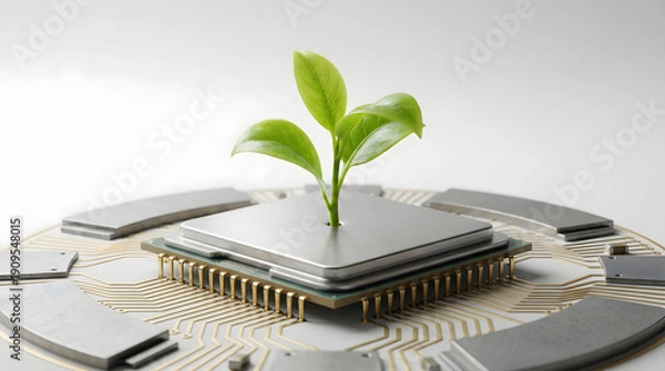 Fototapeta Green Technology Concept with Sprout Growing on Round Processor