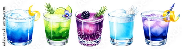 Fototapeta ブルーとパープルのおしゃれなカクテルグラスセット フルーツ装飾