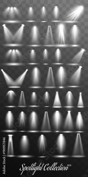 Fototapeta Big Collection Realistic white Scene illumination, theater studio, business presentation spotlights , special effects on transparent background.