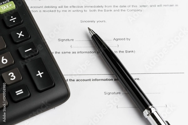 Fototapeta Financial money loan, mortgage or buy and sell contract with bank, printed paper form with pen to sign and calculator