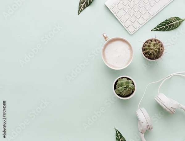 Obraz Minimalist Flat Lay Hipster Desktop With Coffee and Headphones