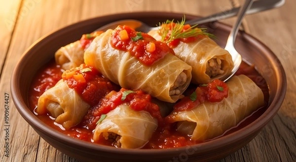 Obraz Delicious Stuffed Cabbage Rolls with Tomato Sauce.