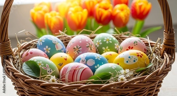 Obraz Colorful Easter Eggs in Wicker Basket.