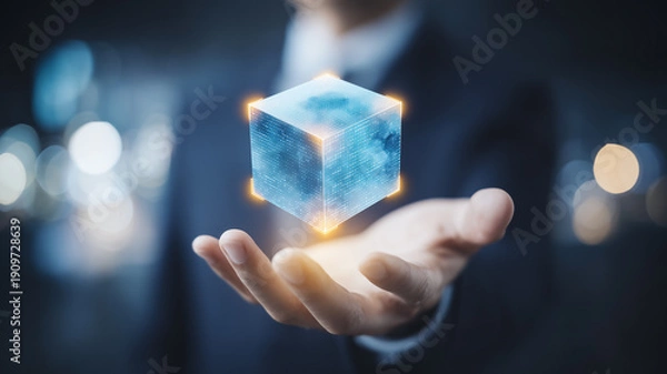Obraz Hand presenting a floating data cube hologram symbolizing blockchain infrastructure and cloud computing innovation.
