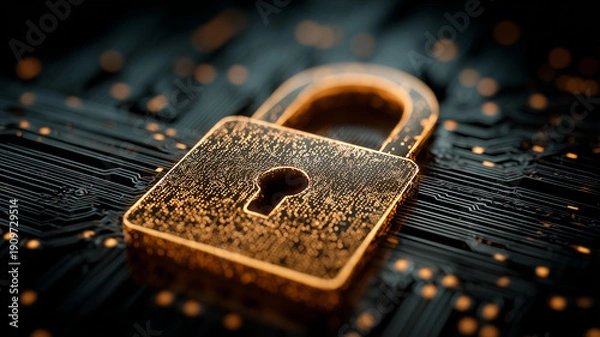 Obraz Open padlock on a circuit board representing cybersecurity, data protection and secure access control.
