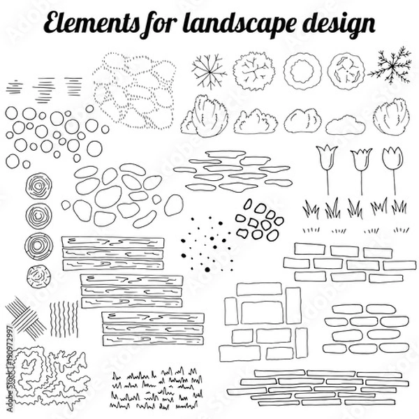 Obraz Big collection of elements for landscape design. Contour, black and white.